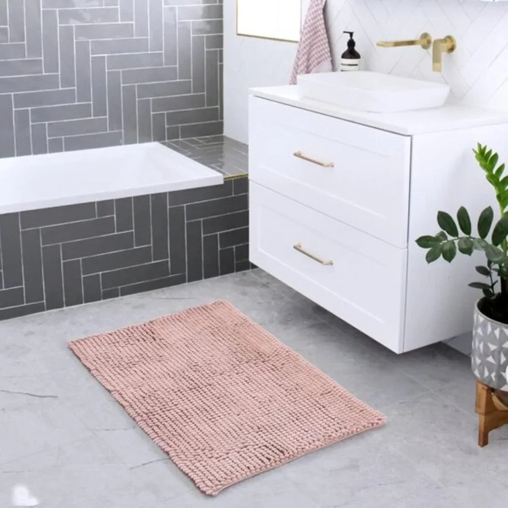 New 24x17In Dusty Pink Chenille Bath Mat, Non-Slip, Soft, Washable, Absorbent
